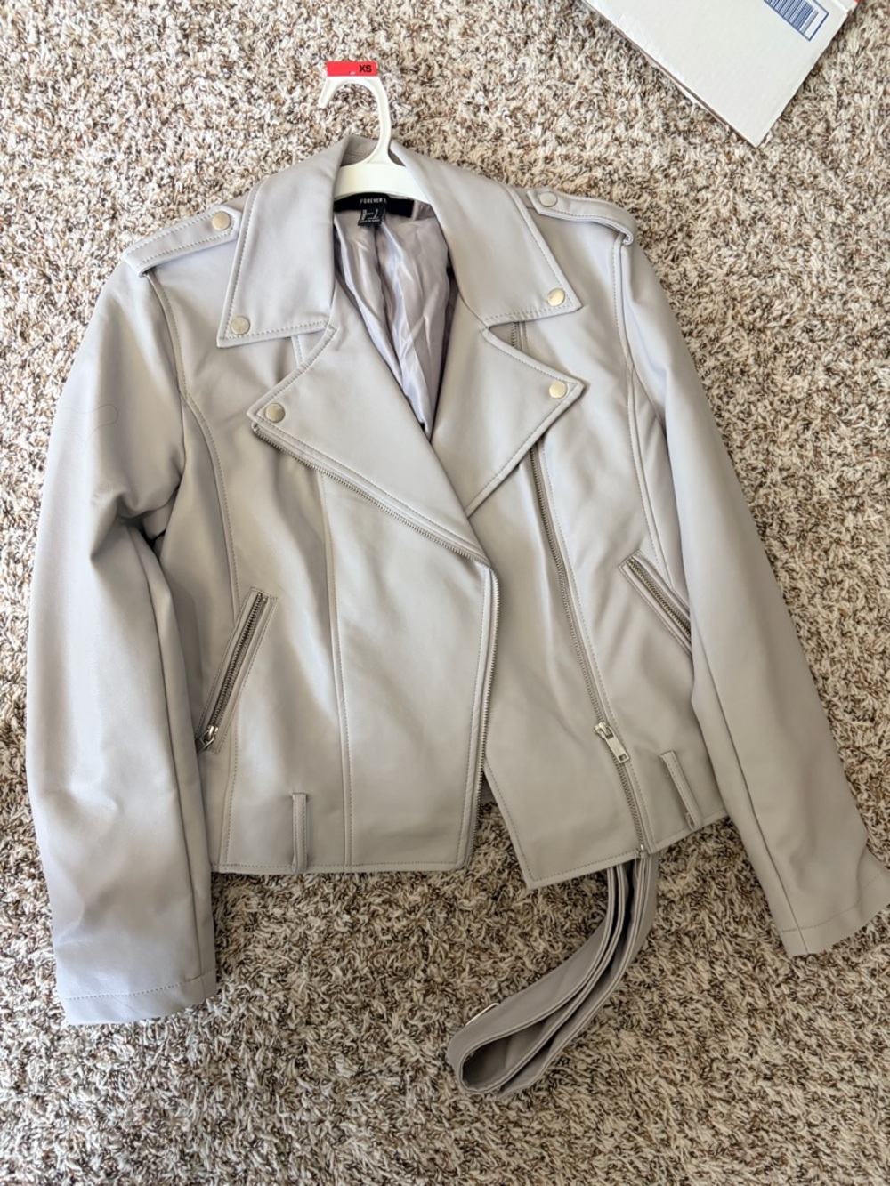 Light Gray Faux Leather Jacket with Belt